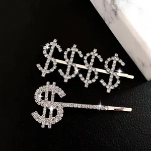 Rhinestone dollar sign hair clip detail showing sparkly silver alloy bobby pins for women.
