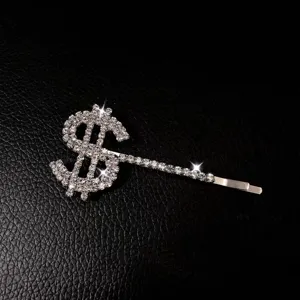 Sparkling Silver Rhinestone Dollar Sign Hair Clip Crystal Bobby Pin Sweet Hair Access