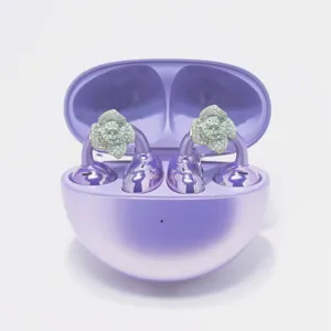 Sparkling rhinestone rose flower ear clips detail view, luxury purple charging case design.