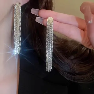 Orecchini lunghi con frange di strass, design a nappa di cristallo scintillante per accessori moda.