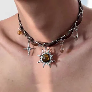 Brown leather silver chain choker necklace with sun crystal star pendants for women men retro
