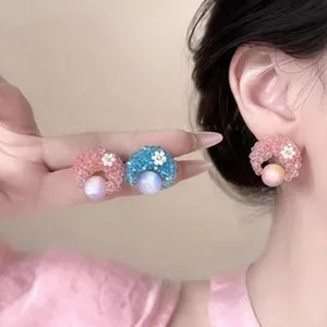 Pendientes de Botón de Planeta Luna Tejidos a Mano Para Mujer Pendientes de Cuentas de Perlas Artificiales de Flores Dulces Joyería