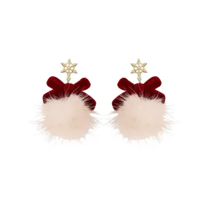 Pendientes colgantes lazo terciopelo rojo pompón copo nieve mujer moda invierno elegante