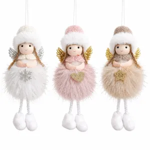 Plush angel doll hanging ornament details, soft fabric and cute design for tree decor.