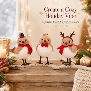 Christmas bird figurine set with miniature hat and scarf, cute festive holiday tree decor.
