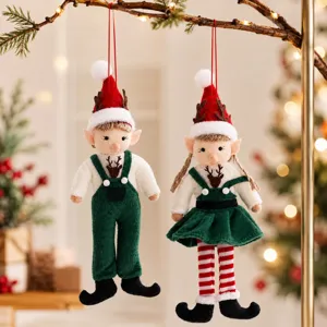Juego de muñecas colgantes de duende navideño de peluche, adorno festivo para árbol.