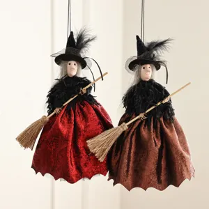 Halloween witch hanging decoration, spooky props detail view for indoor home holiday party.