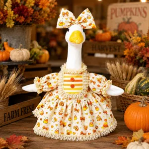 Cute autumn goose outfit set, pumpkin print dress and bow hat for porch plush goose decor.