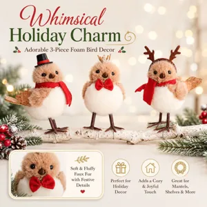 Adorable 3-piece foam bird Christmas tree hanging decorations with soft faux fur and festive details.