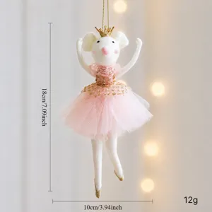 Kerst vilt muis ballerina hangend ornament met roze tutu en gouden kroon, 18cm.