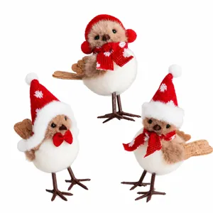 Christmas plush bird ornament detail, cute winter holiday animal desktop decoration set.