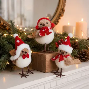 Christmas Simulation Bird Ornament Cute Plush Foam Small Bird With Red Hat And Scarf Holiday Desktop Decoration