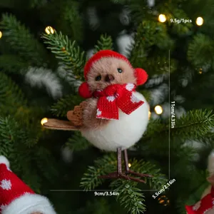 Christmas plush bird ornament with red knit hat and scarf, perfect holiday tree decor.