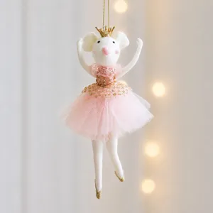 Kerst vilt ballerina muis hangend ornament met gouden kroon en roze tutu voor kerstboom