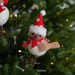 Christmas tree hanging bird ornament plush toy with red Santa hat and festive scarf decor.