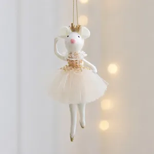 Vilt muis ballerina hangend ornament, gouden kroon, roze tutu jurk, kerstboom decoratie.