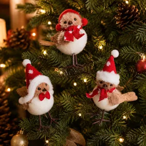 Christmas plush bird ornaments with red hats and scarves, perfect holiday tree hanging decor.