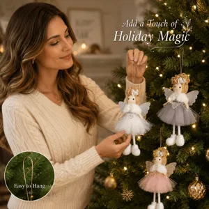 Detail shot of Christmas angel doll hanging ornament with sparkly wings on tree, cozy holiday.