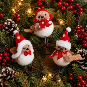 Christmas plush bird ornaments set with red hats and scarves for festive holiday home decor.