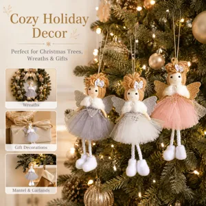 Close-up detail view of the cute Christmas angel doll ornament with glitter wings and soft plush boots.
