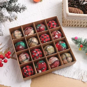 Bolas de Navidad a cuadros en caja, set de adornos para árbol y decoración en el hogar.