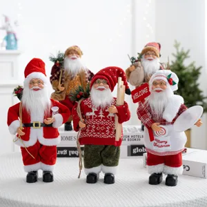 Vue détaillée d'une figurine de père Noël de 30 cm debout avec des accessoires de fête.