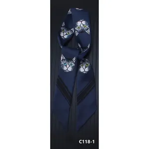 Elegante sciarpa in seta stretta con stampa di gatto carino e design blu scuro moderno.