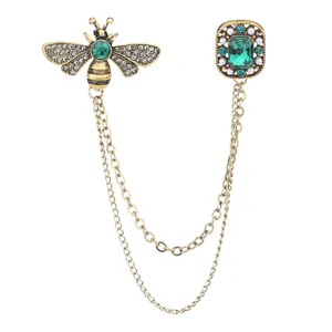 Vintage Bee Brooch Crystal Green Gemstone Double Pin Chain Retro Suit Collar Pin