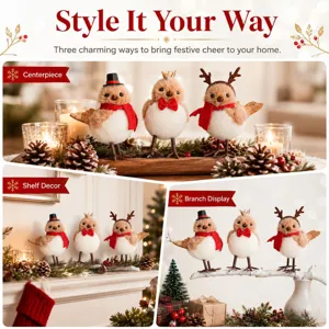 Christmas bird figurines with miniature hats and scarves, perfect holiday home decor.