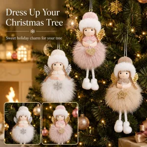 Christmas angel plush doll hanging ornaments, cute girl tree decorations with knit hats for holidays.