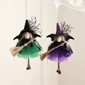 Halloween hanging witch doll set with broom, fabric witch decoration for party props and home decor.