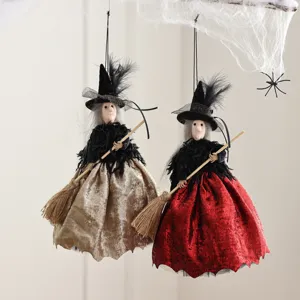 Halloween witch hanging decoration gold and red velvet dresses with broom party decor
