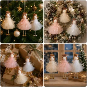 Christmas angel fairy doll ornament details, plush flower hanging pendant for holiday tree decor.