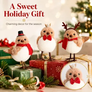 Christmas foam bird figurine set with winter scarf and hat, perfect holiday tree table decor.