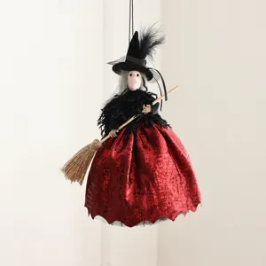 Halloween hanging witch doll decoration with broom, spooky holiday indoor party prop ornament.