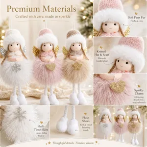 Christmas angel plush doll ornament with knitted hat and fluffy skirt for holiday tree decor.