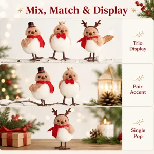 Christmas simulation plush bird ornaments with red scarves and hats for holiday tree decor