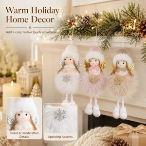 Christmas angel plush doll hanging ornament with knitted hat and sparkling wings for holiday decor