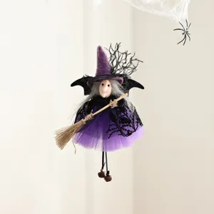 Halloween hanging witch doll decoration with purple dress, broom and hat for party.