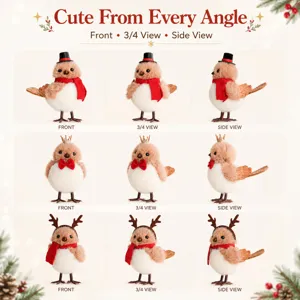 Christmas bird plush ornament set featuring cute holiday designs in multiple angles and styles.