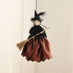 Halloween witch hanging decoration doll with broom spooky party indoor home decor ornament