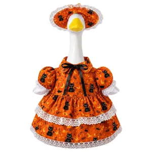 Halloween Porch Goose Costume Orange Dress Black Cat Print Yard Decor Outfit Hat Set New