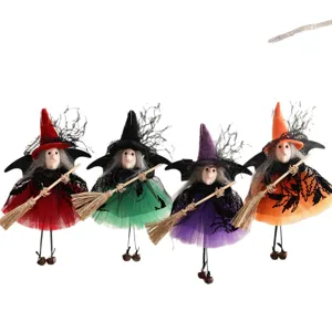 Halloween witch broom hanging decoration set of 4 colorful fabric dolls for party decor