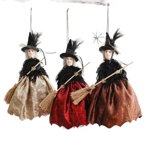 Halloween hanging witch doll decoration with broom, festive party indoor hanging ornament.