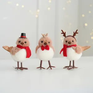 Christmas artificial foam birds figurines set with red scarf for tree holiday decor