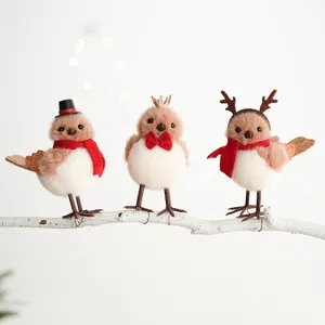Set of 3 cute plush Christmas birds figurines with hats and scarves for holiday tree decor.
