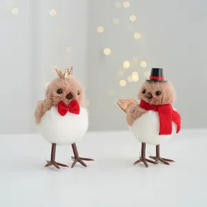Cute Christmas plush foam bird figurines with red scarf and hat, perfect for tree decor.