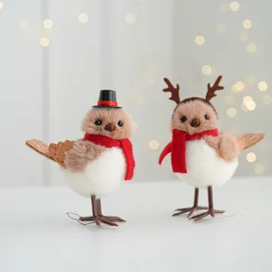 Cute Christmas bird figurine with red scarf and hat holiday tree decoration desktop ornament