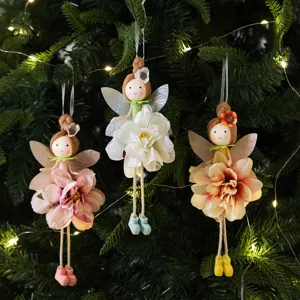 Easter Angel Girl Christmas Tree Hanging Ornaments Plastic Cloth Artificial Flower Fairy Pendant Decor For Home Party Prop Room