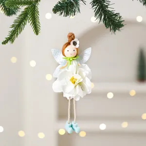 Fabric angel girl Christmas tree hanging ornament with flower, perfect for holiday home decor.